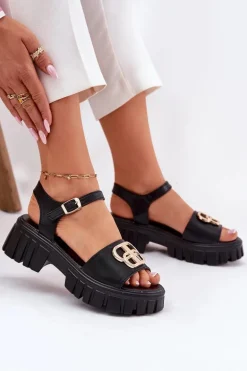 Skórzane Sandały Damskie Ze Złotym Detalem Vinceza 79541 Czarne