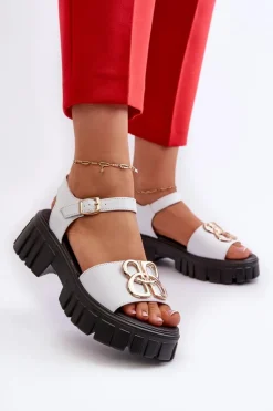 Skórzane Sandały Damskie Ze Złotą Ozdobą Białe Vinceza 7910