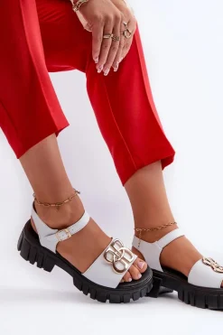 Skórzane Sandały Damskie Ze Złotą Ozdobą Białe Vinceza 7910