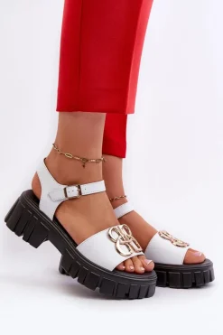 Skórzane Sandały Damskie Ze Złotą Ozdobą Białe Vinceza 7910
