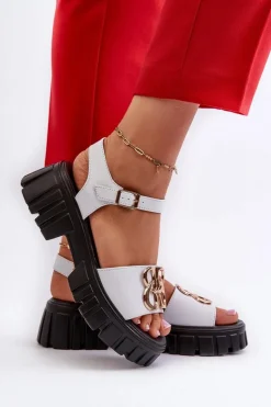 Skórzane Sandały Damskie Ze Złotą Ozdobą Białe Vinceza 7910