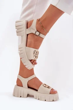 Skórzane Sandały Damskie Ze Złotym Detalem Vinceza 79541 Beżowe