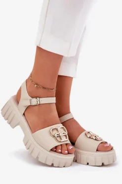 Skórzane Sandały Damskie Ze Złotym Detalem Vinceza 79541 Beżowe