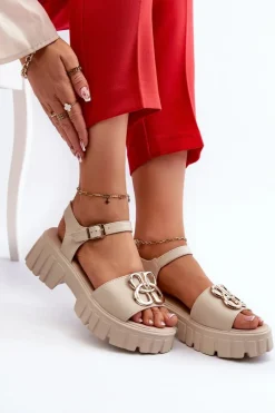 Skórzane Sandały Damskie Ze Złotą Ozdobą Beżowe Vinceza 7910