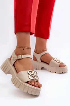 Skórzane Sandały Damskie Ze Złotą Ozdobą Beżowe Vinceza 7910