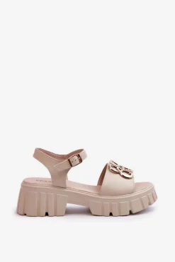 Skórzane Sandały Damskie Ze Złotą Ozdobą Beżowe Vinceza 7910