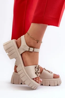 Skórzane Sandały Damskie Ze Złotą Ozdobą Beżowe Vinceza 7910