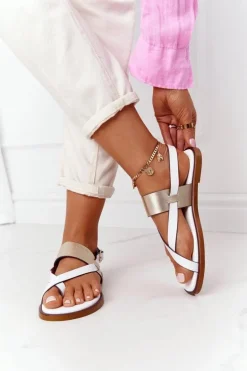 Skórzane Sandały Japonki Big Star HH274714 Biało-Złote