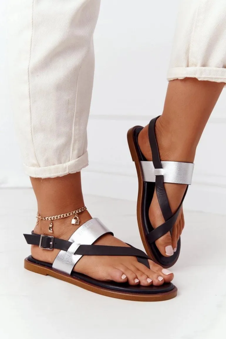 Skórzane Sandały Japonki Big Star HH274712 Czarno-Srebrne