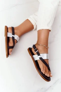 Skórzane Sandały Japonki Big Star HH274712 Czarno-Srebrne