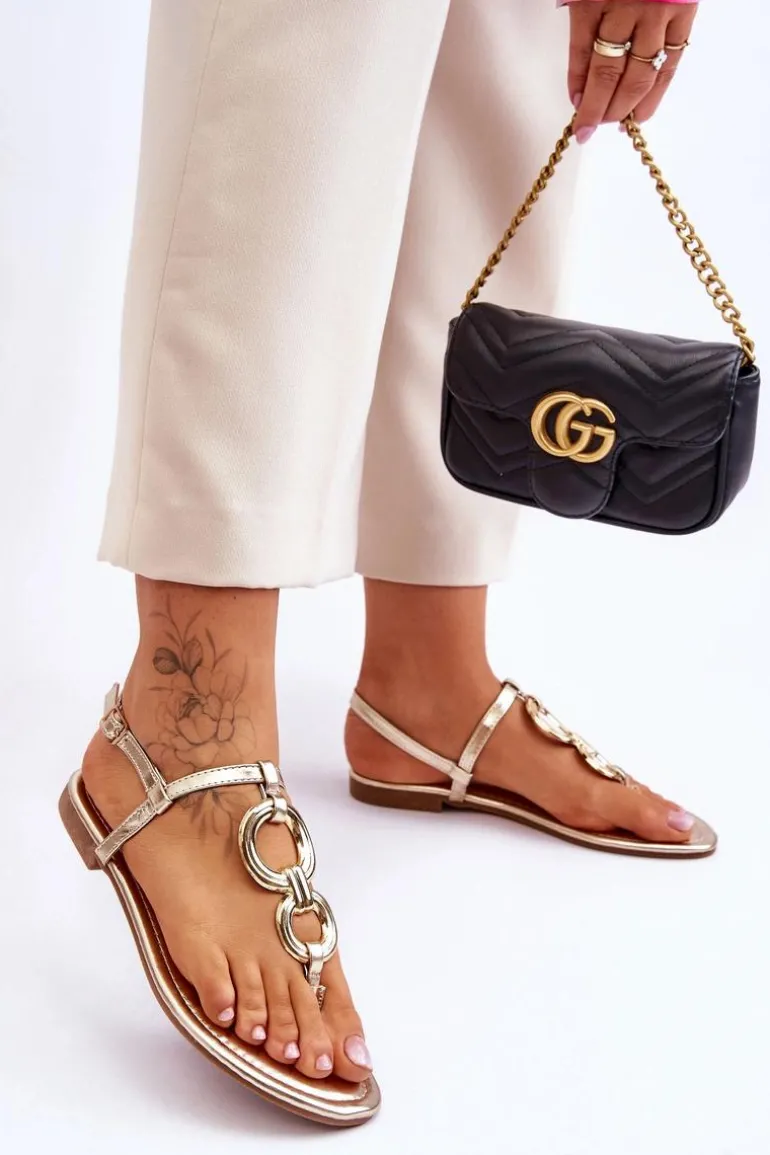 Skórzane Sandały Japonki Na Płaskim Obcasie Złote Keep Going