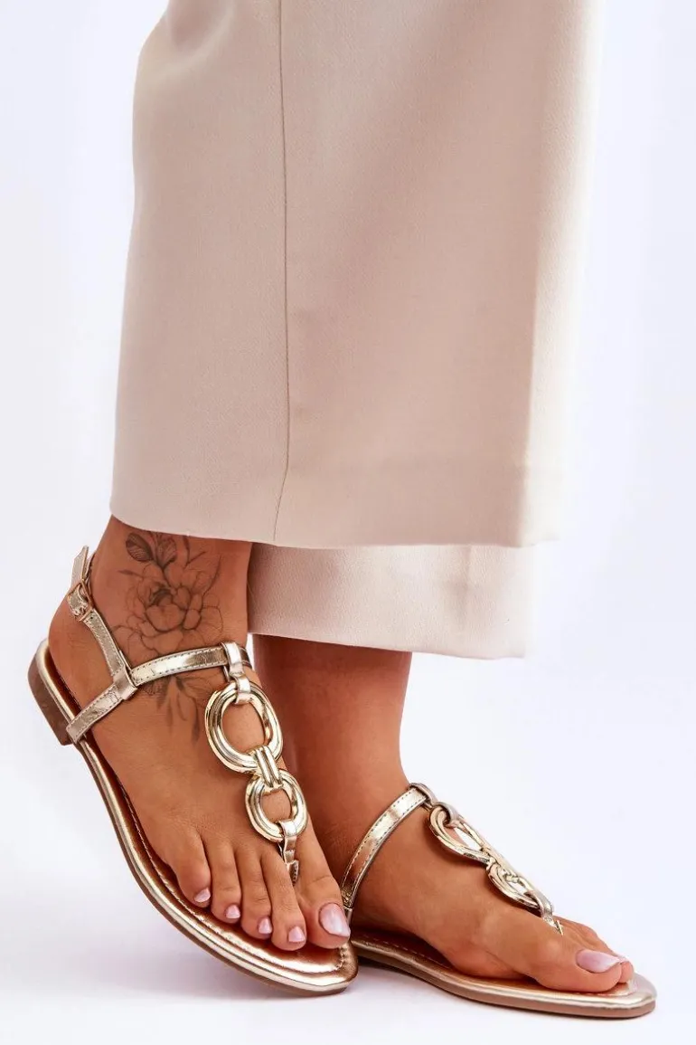 Skórzane Sandały Japonki Na Płaskim Obcasie Złote Keep Going