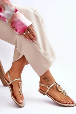 Skórzane Sandały Japonki Na Płaskim Obcasie Złote Keep Going