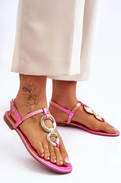 Skórzane Sandały Japonki Na Płaskim Obcasie Różowe Keep Going