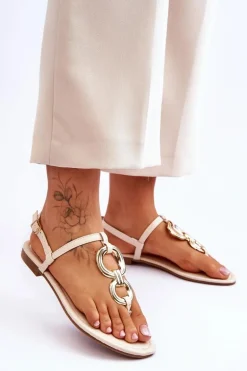 Skórzane Sandały Japonki Na Płaskim Obcasie Beżowe Keep Going