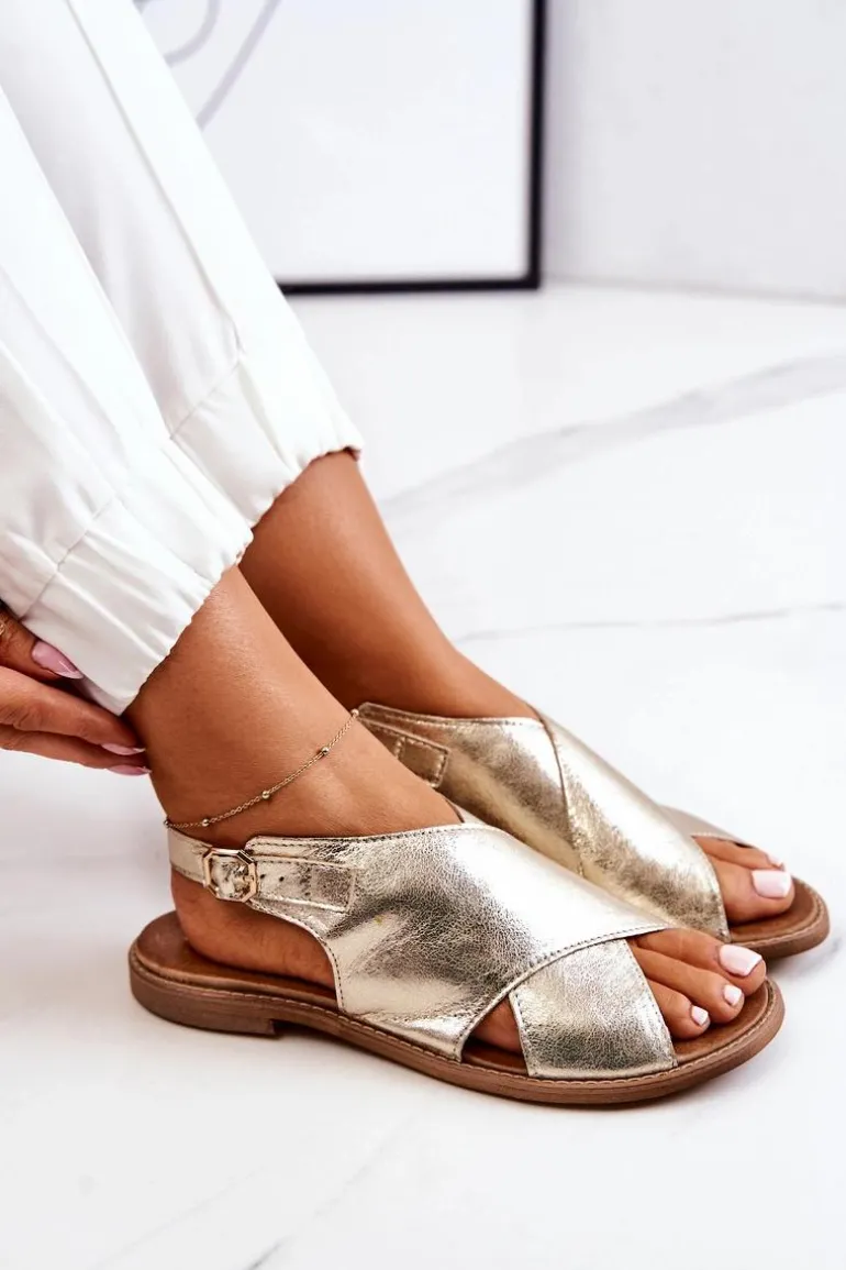 Skórzane Sandały Lewski 3019 Złote