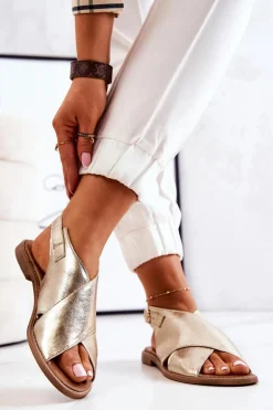 Skórzane Sandały Lewski 3019 Złote