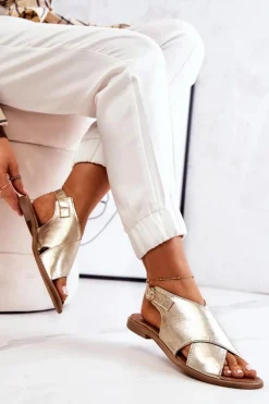 Skórzane Sandały Lewski 3019 Złote