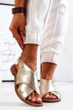 Skórzane Sandały Lewski 3019 Złote