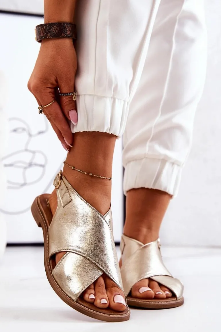 Skórzane Sandały Lewski 3019 Złote