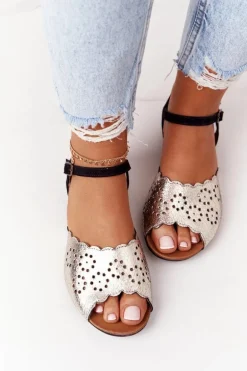 Skórzane Sandały Maciejka 05199-25 Czarno-Złote