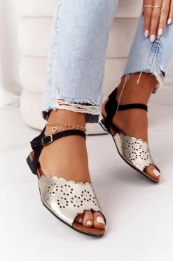 Skórzane Sandały Maciejka 05199-25 Czarno-Złote