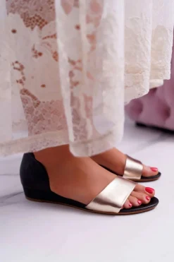 Skórzane Sandały Maciejka 1971-46 Czarno-Złote