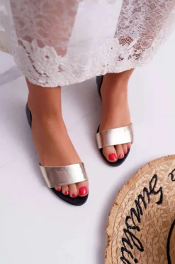 Skórzane Sandały Maciejka 1971-46 Czarno-Złote