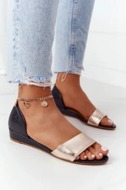 Skórzane Sandały Maciejka 1971-46 Czarno-Złote