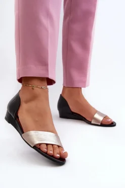 Skórzane Sandały Maciejka 1971-67 Czarno-Złote