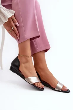 Skórzane Sandały Maciejka 1971-67 Czarno-Złote