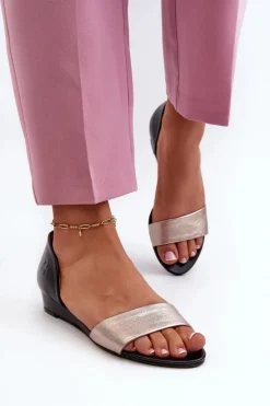 Skórzane Sandały Maciejka 1971-67 Czarno-Złote