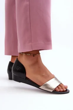 Skórzane Sandały Maciejka 1971-67 Czarno-Złote