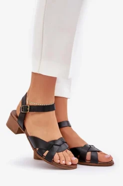 Skórzane Sandały Na Delikatnym Obcasie Zazoo 40372 Czarne