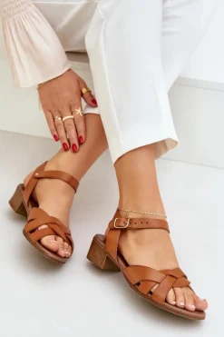 Skórzane Sandały Na Delikatnym Obcasie Zazoo 40372 Brązowe
