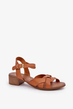 Skórzane Sandały Na Delikatnym Obcasie Zazoo 40372 Brązowe