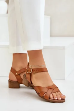 Skórzane Sandały Na Delikatnym Obcasie Zazoo 40372 Brązowe