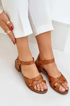 Skórzane Sandały Na Delikatnym Obcasie Zazoo 40372 Brązowe