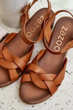 Skórzane Sandały Na Delikatnym Obcasie Zazoo 40372 Brązowe