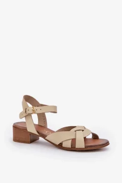 Skórzane Sandały Na Delikatnym Obcasie Zazoo 40372 Jasnobeżowe