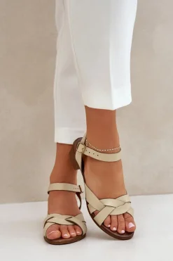 Skórzane Sandały Na Delikatnym Obcasie Zazoo 40372 Jasnobeżowe