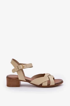 Skórzane Sandały Na Delikatnym Obcasie Zazoo 40372 Jasnobeżowe