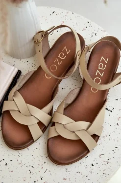 Skórzane Sandały Na Delikatnym Obcasie Zazoo 40372 Jasnobeżowe