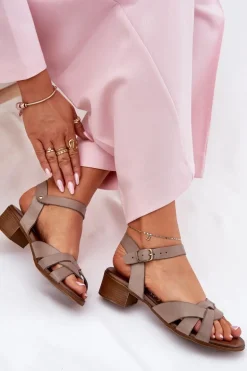 Skórzane Sandały Na Delikatnym Obcasie Zazoo 40372 Ciemnobeżowe