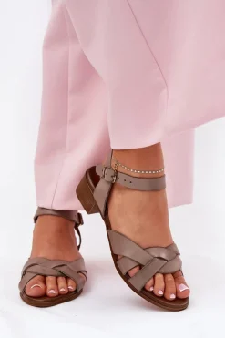 Skórzane Sandały Na Delikatnym Obcasie Zazoo 40372 Ciemnobeżowe