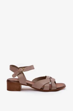 Skórzane Sandały Na Delikatnym Obcasie Zazoo 40372 Ciemnobeżowe