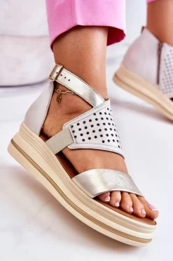 Skórzane Sandały Na Koturnie Maciejka 05356-25 Beżowo-Złote