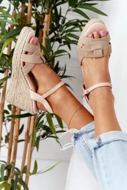 Skórzane Sandały Na Koturnie Big Star HH274380 Beżowe