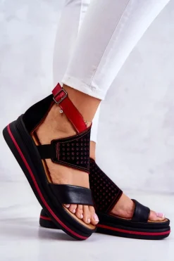 Skórzane Sandały Na Koturnie Maciejka 05356-01 Czarno-Czerwone