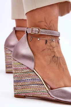 Skórzane Sandały Na Koturnie Laura Messi 2603/783 Srebrne